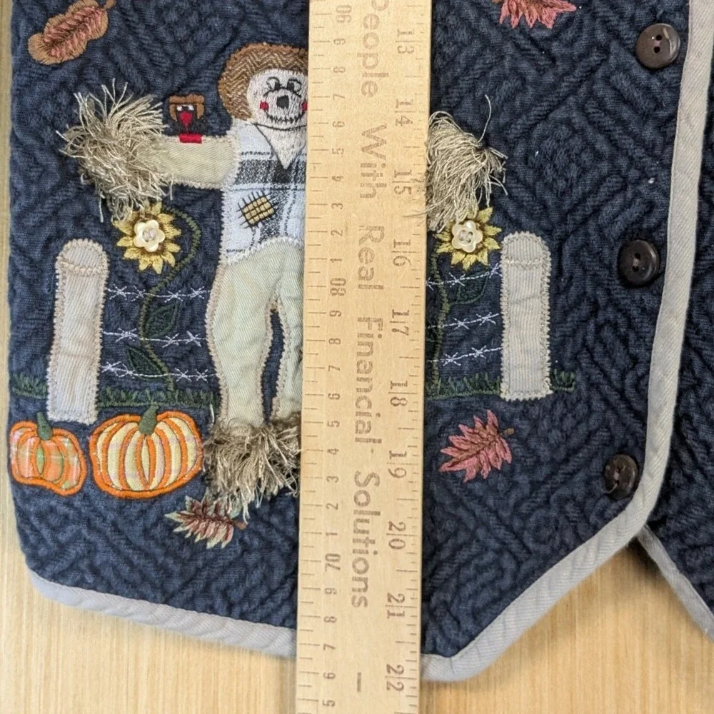 Paul Harris Vintage 90s Novelty Quilted Fall Scarecrow Pumpkin Vest Size L Navy